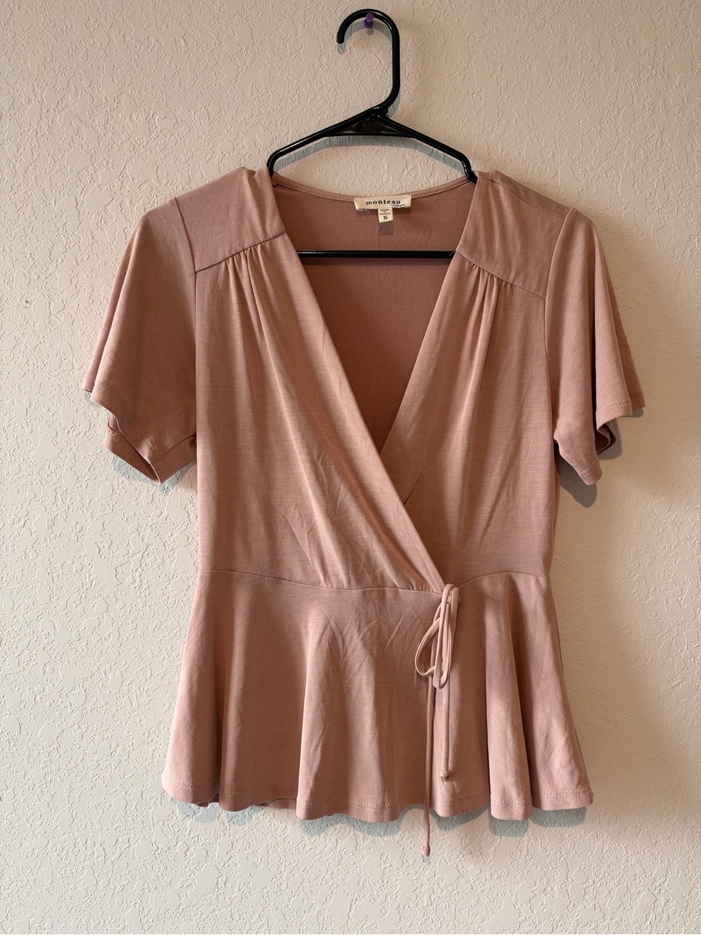 Monteau Dusty Rose Wrap Peplum Blouse with Tie Waist